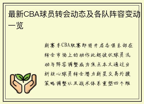 最新CBA球员转会动态及各队阵容变动一览