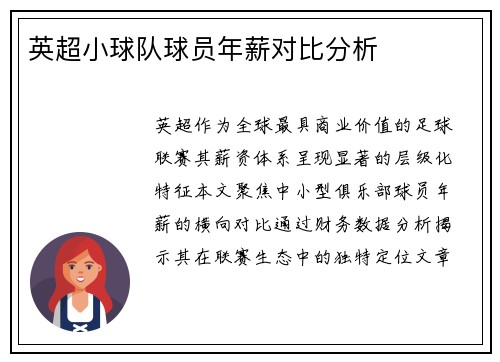 英超小球队球员年薪对比分析